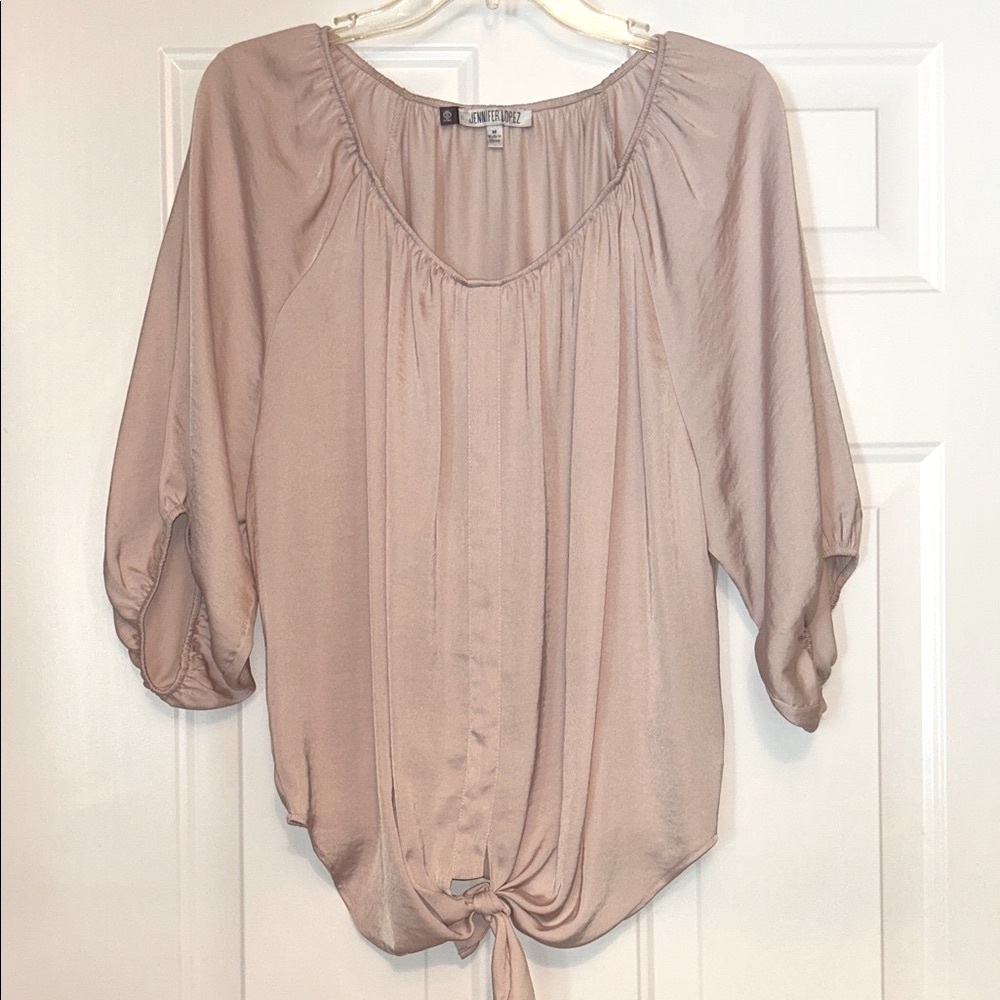 Jennifer Lopez Peasant Tie-Front Top M Blush Loose Sheen Puff Sleeve Feminine